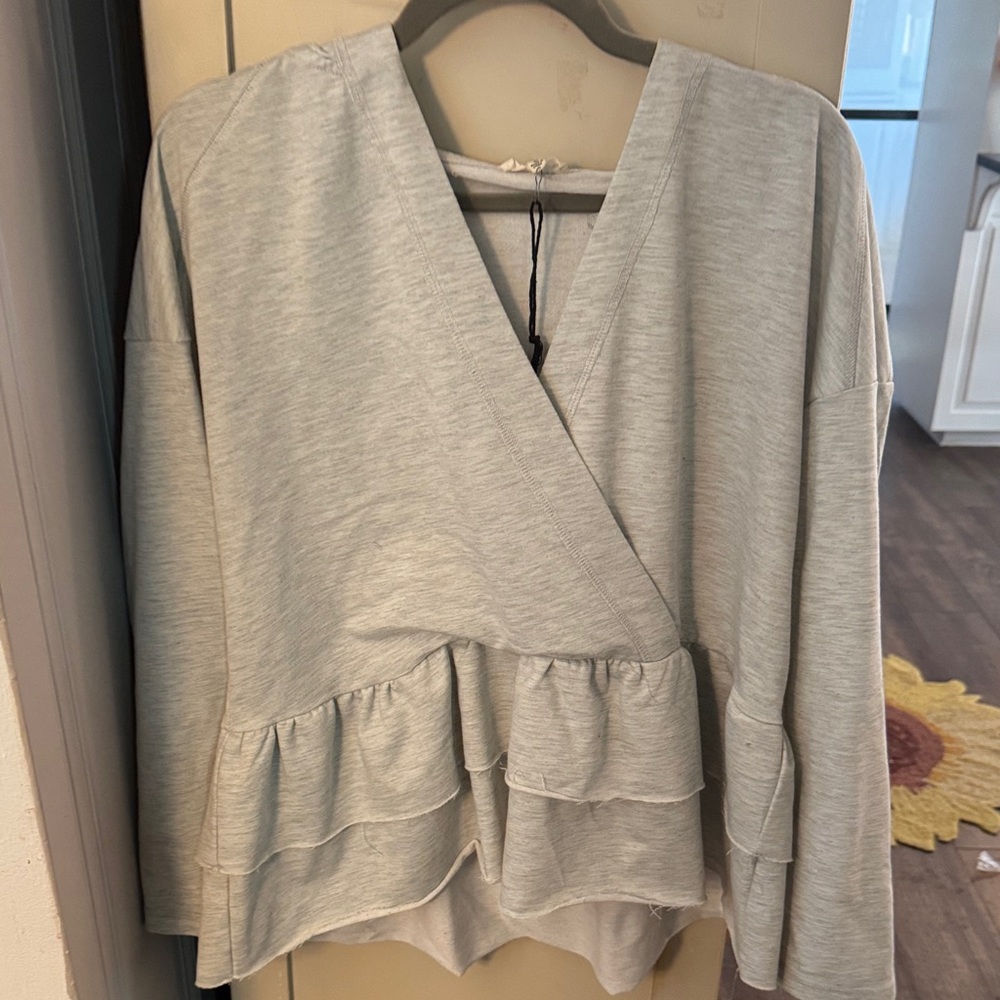 Light Gray Ruffle Wrap-Front Sweatshirt Hoodie